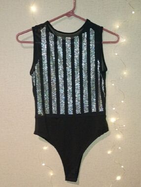 Black Sleeveless Sequin Stripe Bodysuit